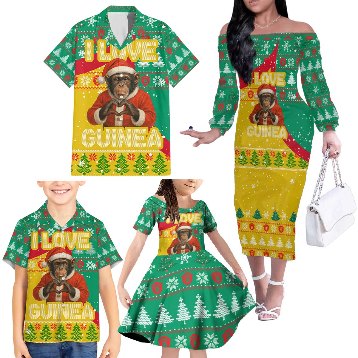 Guinea Christmas Family Matching Off The Shoulder Long Sleeve Dress and Hawaiian Shirt with Santa Chimpanzee Heart Hands and Green Red Snowflake Pattern - Wonder Print Shop