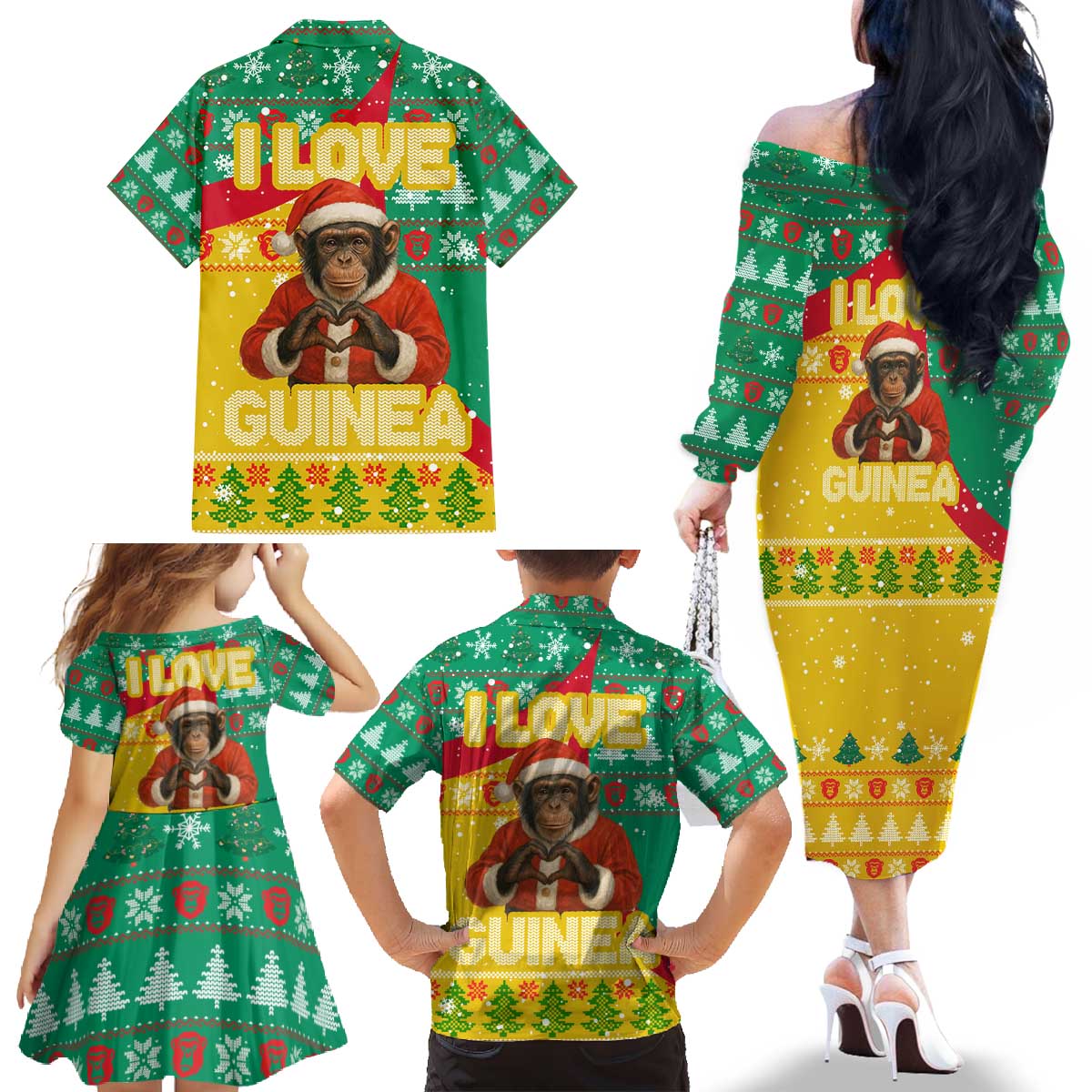 Guinea Christmas Family Matching Off The Shoulder Long Sleeve Dress and Hawaiian Shirt with Santa Chimpanzee Heart Hands and Green Red Snowflake Pattern - Wonder Print Shop