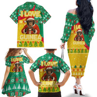 Guinea Christmas Family Matching Off The Shoulder Long Sleeve Dress and Hawaiian Shirt with Santa Chimpanzee Heart Hands and Green Red Snowflake Pattern - Wonder Print Shop