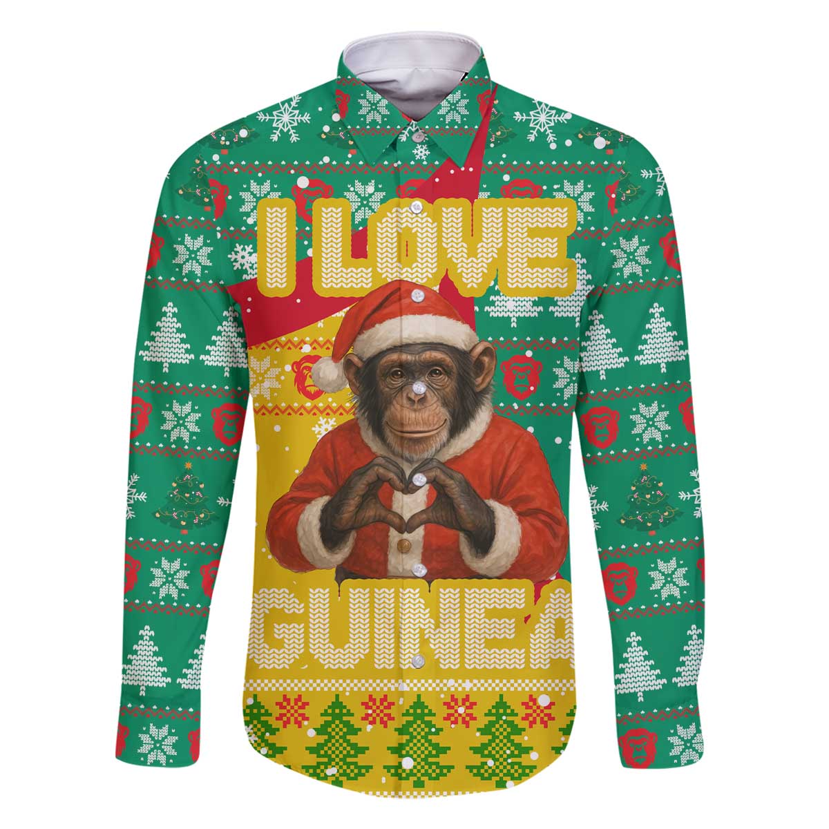 Guinea Christmas Family Matching Off The Shoulder Long Sleeve Dress and Hawaiian Shirt with Santa Chimpanzee Heart Hands and Green Red Snowflake Pattern - Wonder Print Shop