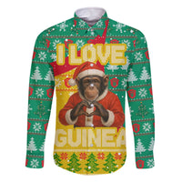 Guinea Christmas Family Matching Off The Shoulder Long Sleeve Dress and Hawaiian Shirt with Santa Chimpanzee Heart Hands and Green Red Snowflake Pattern - Wonder Print Shop