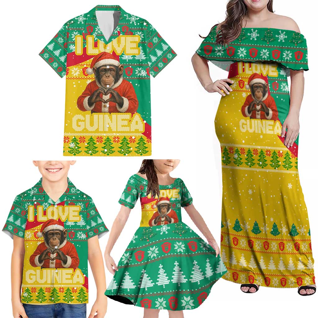 Guinea Christmas Family Matching Off Shoulder Maxi Dress and Hawaiian Shirt with Santa Chimpanzee Heart Hands and Green Red Snowflake Pattern - Wonder Print Shop