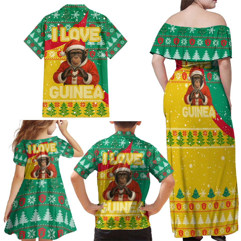 Guinea Christmas Family Matching Off Shoulder Maxi Dress and Hawaiian Shirt with Santa Chimpanzee Heart Hands and Green Red Snowflake Pattern - Wonder Print Shop