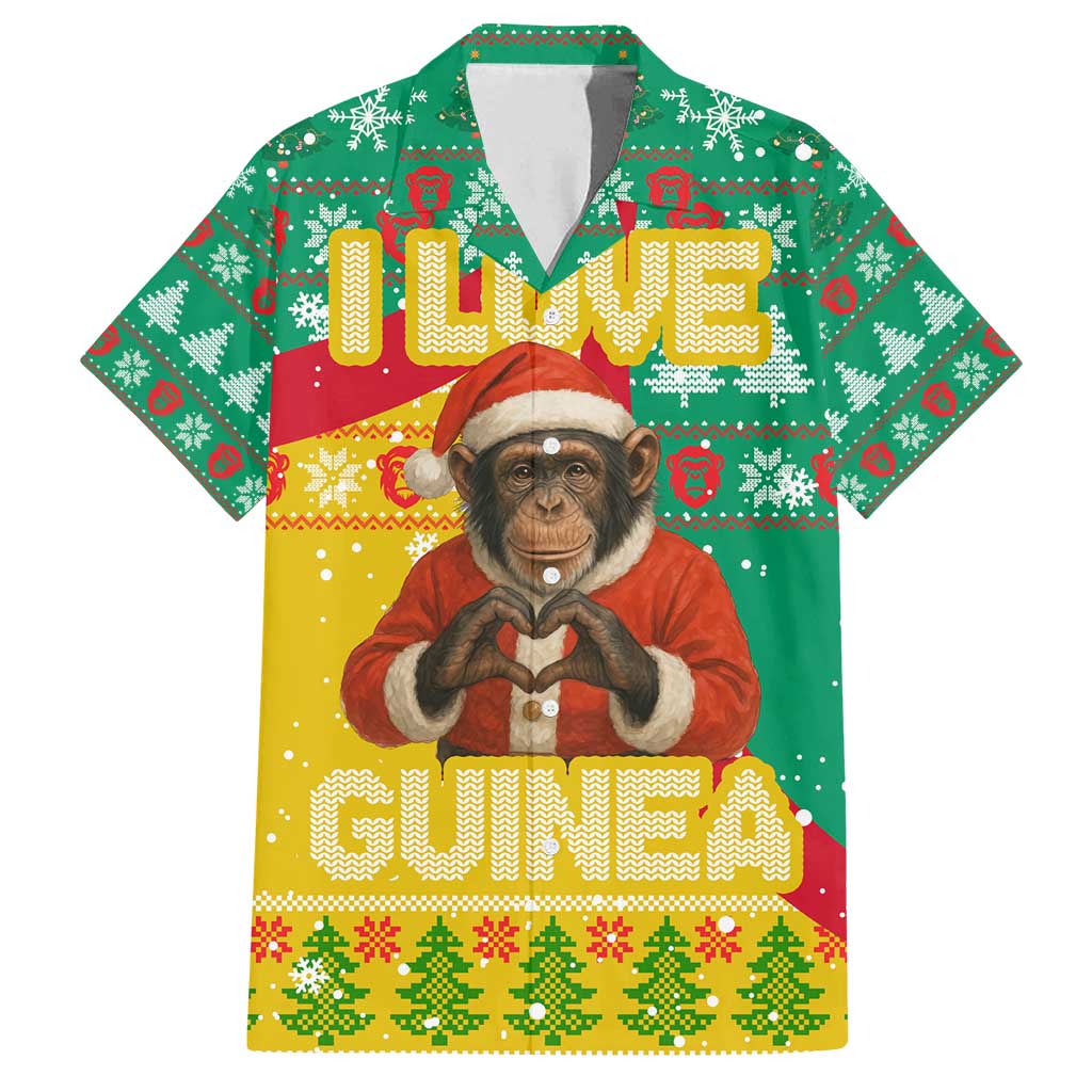 Guinea Christmas Family Matching Off Shoulder Maxi Dress and Hawaiian Shirt with Santa Chimpanzee Heart Hands and Green Red Snowflake Pattern - Wonder Print Shop