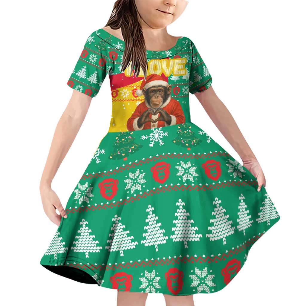 Guinea Christmas Family Matching Off Shoulder Short Dress and Hawaiian Shirt with Santa Chimpanzee Heart Hands and Green Red Snowflake Pattern - Wonder Print Shop