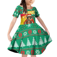 Guinea Christmas Family Matching Off Shoulder Short Dress and Hawaiian Shirt with Santa Chimpanzee Heart Hands and Green Red Snowflake Pattern - Wonder Print Shop