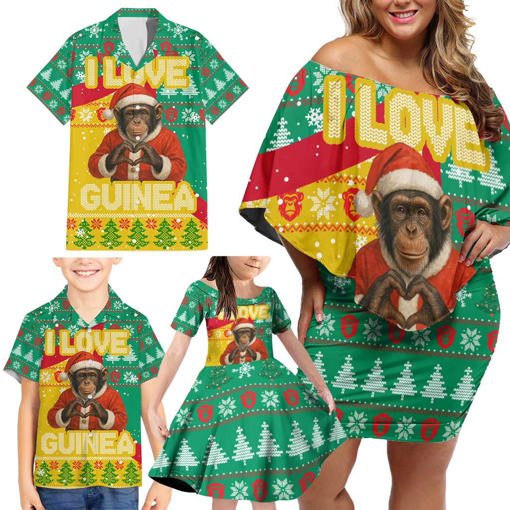 Guinea Christmas Family Matching Off Shoulder Short Dress and Hawaiian Shirt with Santa Chimpanzee Heart Hands and Green Red Snowflake Pattern - Wonder Print Shop