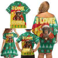 Guinea Christmas Family Matching Off Shoulder Short Dress and Hawaiian Shirt with Santa Chimpanzee Heart Hands and Green Red Snowflake Pattern - Wonder Print Shop