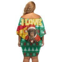 Guinea Christmas Family Matching Off Shoulder Short Dress and Hawaiian Shirt with Santa Chimpanzee Heart Hands and Green Red Snowflake Pattern - Wonder Print Shop