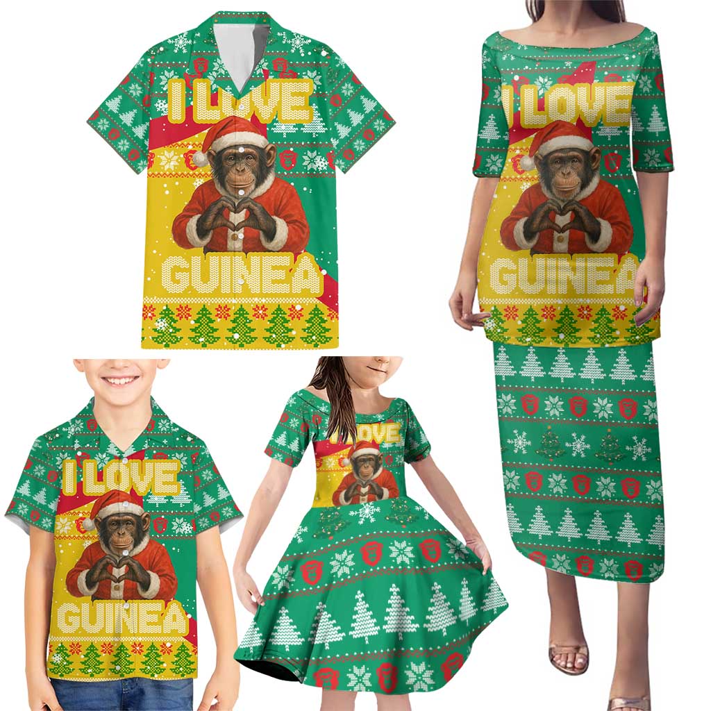 Guinea Christmas Family Matching Puletasi and Hawaiian Shirt with Santa Chimpanzee Heart Hands and Green Red Snowflake Pattern - Wonder Print Shop