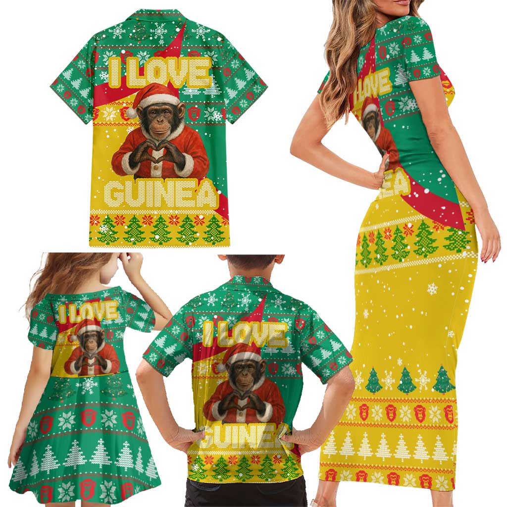 Guinea Christmas Family Matching Short Sleeve Bodycon Dress and Hawaiian Shirt with Santa Chimpanzee Heart Hands and Green Red Snowflake Pattern - Wonder Print Shop
