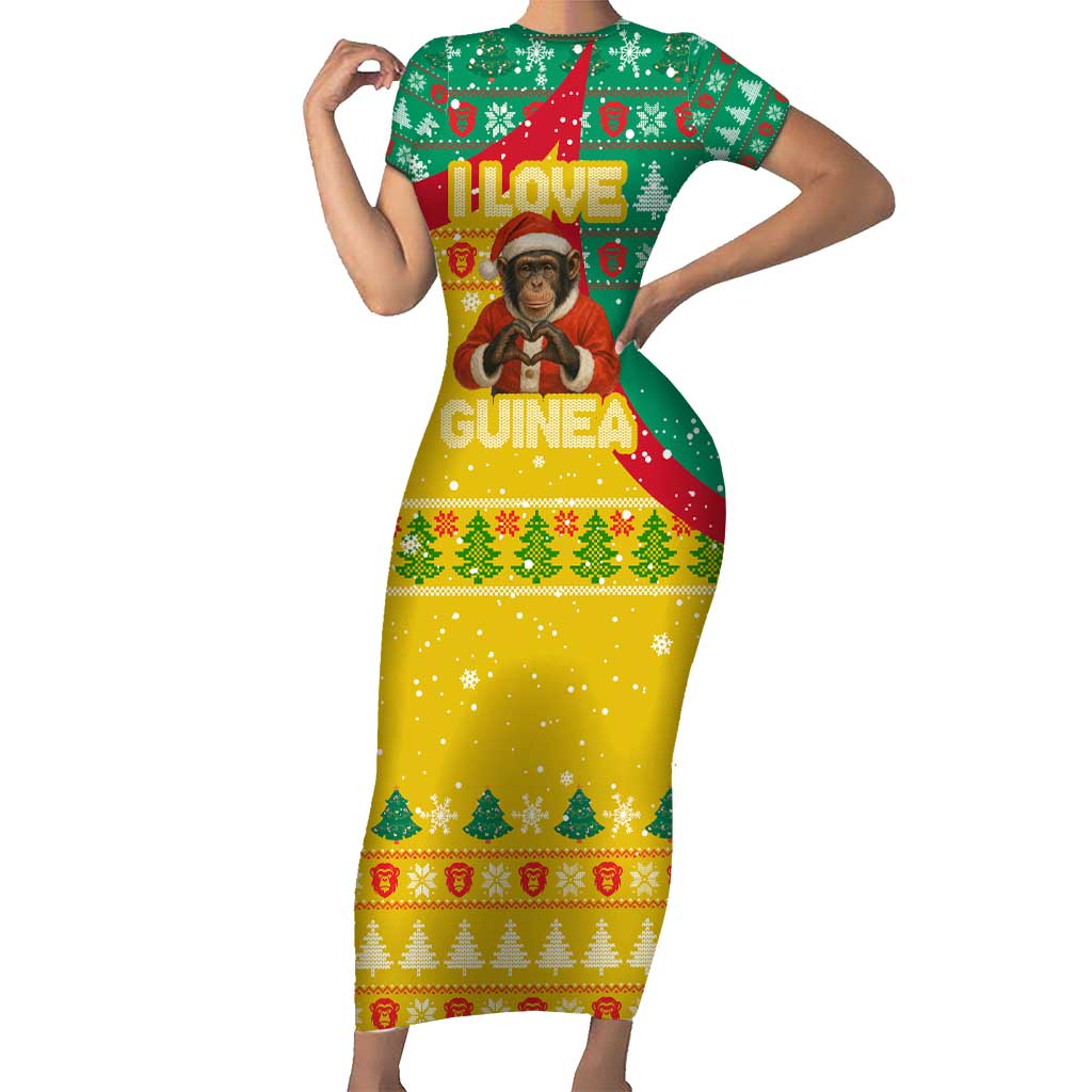Guinea Christmas Family Matching Short Sleeve Bodycon Dress and Hawaiian Shirt with Santa Chimpanzee Heart Hands and Green Red Snowflake Pattern - Wonder Print Shop