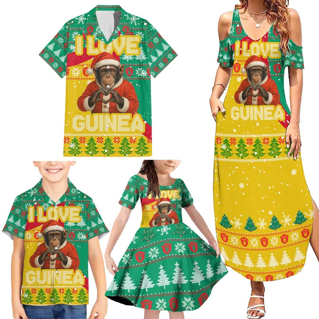 Guinea Christmas Family Matching Summer Maxi Dress and Hawaiian Shirt with Santa Chimpanzee Heart Hands and Green Red Snowflake Pattern - Wonder Print Shop