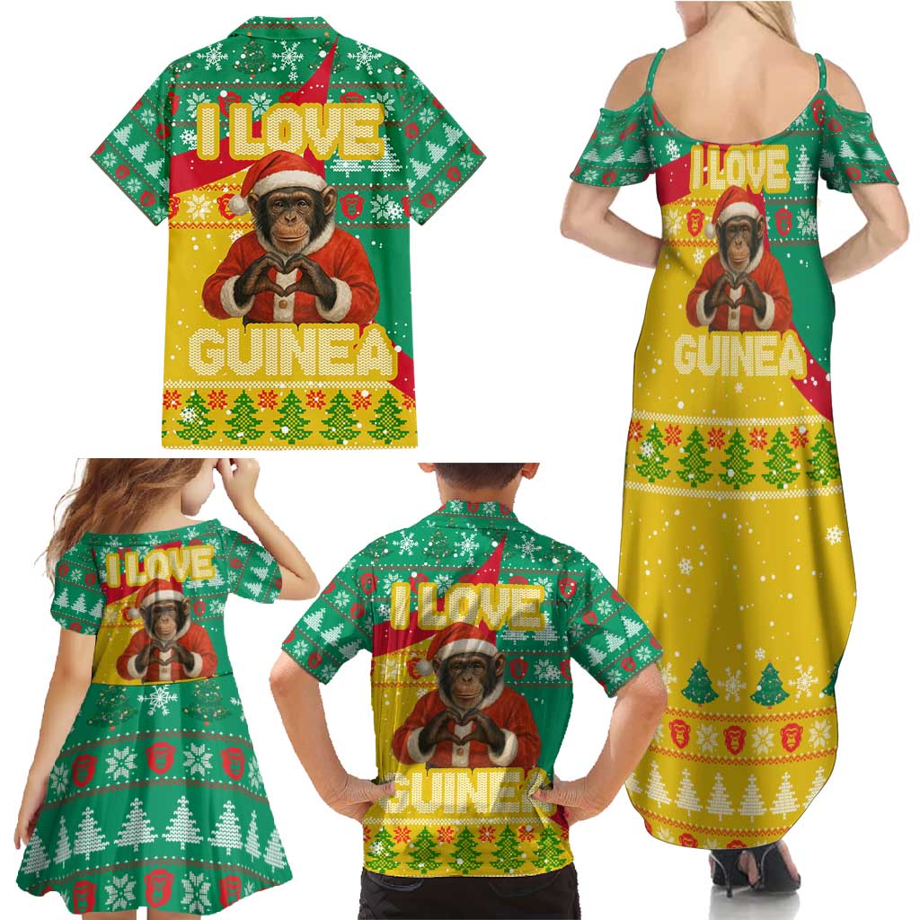 Guinea Christmas Family Matching Summer Maxi Dress and Hawaiian Shirt with Santa Chimpanzee Heart Hands and Green Red Snowflake Pattern - Wonder Print Shop
