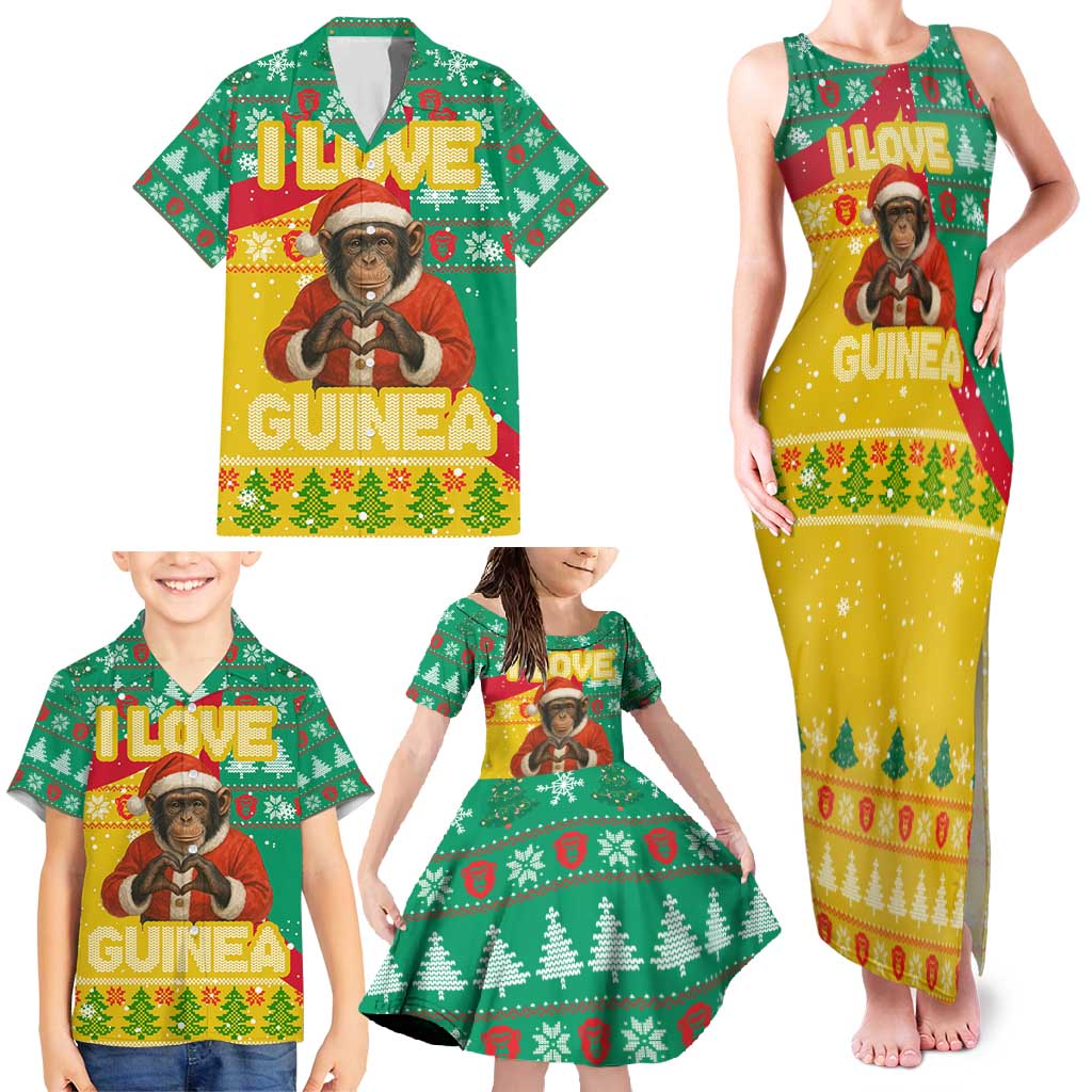 Guinea Christmas Family Matching Tank Maxi Dress and Hawaiian Shirt with Santa Chimpanzee Heart Hands and Green Red Snowflake Pattern - Wonder Print Shop