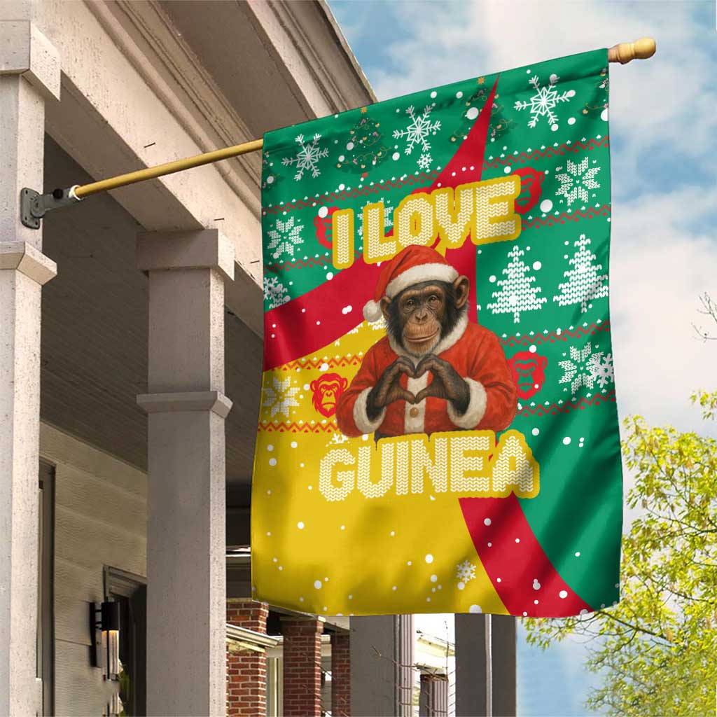 Guinea Christmas Garden Flag with Santa Chimpanzee Heart Hands and Green Red Snowflake Pattern - Wonder Print Shop