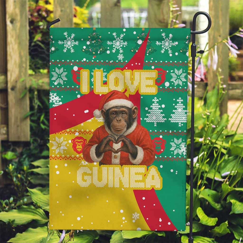 Guinea Christmas Garden Flag with Santa Chimpanzee Heart Hands and Green Red Snowflake Pattern - Wonder Print Shop