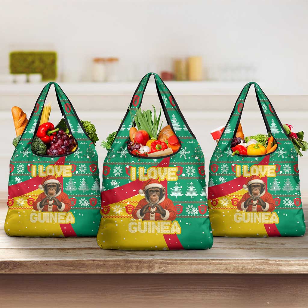 Guinea Christmas Grocery Bag with Santa Chimpanzee Heart Hands and Green Red Snowflake Pattern - Wonder Print Shop
