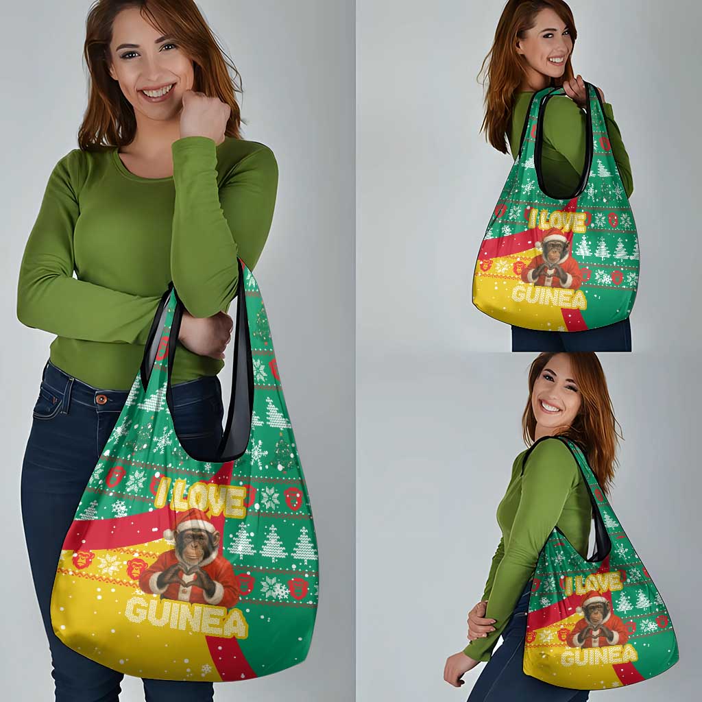Guinea Christmas Grocery Bag with Santa Chimpanzee Heart Hands and Green Red Snowflake Pattern - Wonder Print Shop