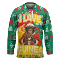 Guinea Christmas Hockey Jersey with Santa Chimpanzee Heart Hands and Green Red Snowflake Pattern - Wonder Print Shop