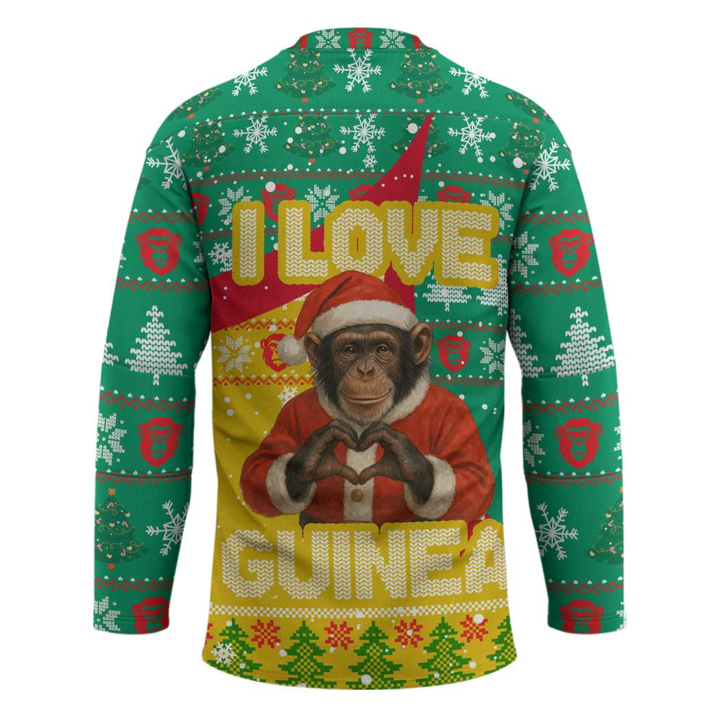 Guinea Christmas Hockey Jersey with Santa Chimpanzee Heart Hands and Green Red Snowflake Pattern - Wonder Print Shop