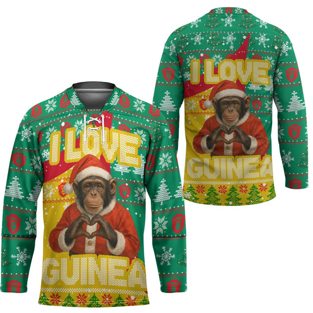 Guinea Christmas Hockey Jersey with Santa Chimpanzee Heart Hands and Green Red Snowflake Pattern - Wonder Print Shop