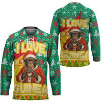 Guinea Christmas Hockey Jersey with Santa Chimpanzee Heart Hands and Green Red Snowflake Pattern - Wonder Print Shop