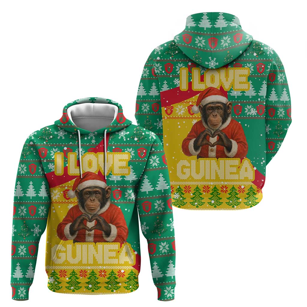 Guinea Christmas Hoodie with Santa Chimpanzee Heart Hands and Green Red Snowflake Pattern - Wonder Print Shop