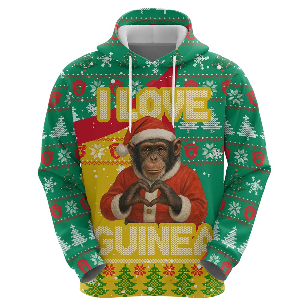 Guinea Christmas Hoodie with Santa Chimpanzee Heart Hands and Green Red Snowflake Pattern - Wonder Print Shop