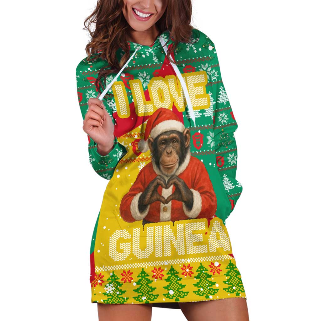 Guinea Christmas Hoodie Dress with Santa Chimpanzee Heart Hands and Green Red Snowflake Pattern - Wonder Print Shop