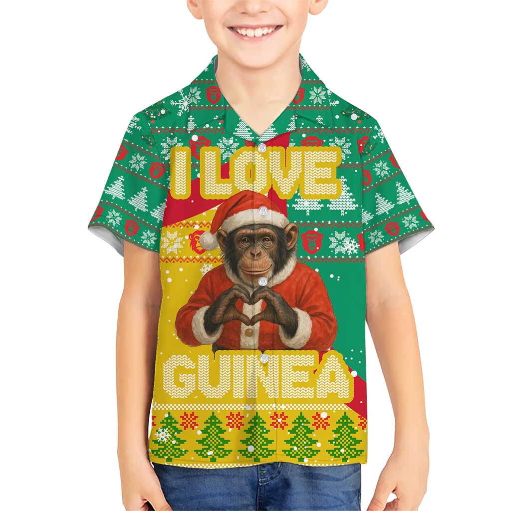 Guinea Christmas Kid Hawaiian Shirt with Santa Chimpanzee Heart Hands and Green Red Snowflake Pattern - Wonder Print Shop