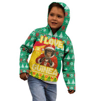 Guinea Christmas Kid Hoodie with Santa Chimpanzee Heart Hands and Green Red Snowflake Pattern - Wonder Print Shop