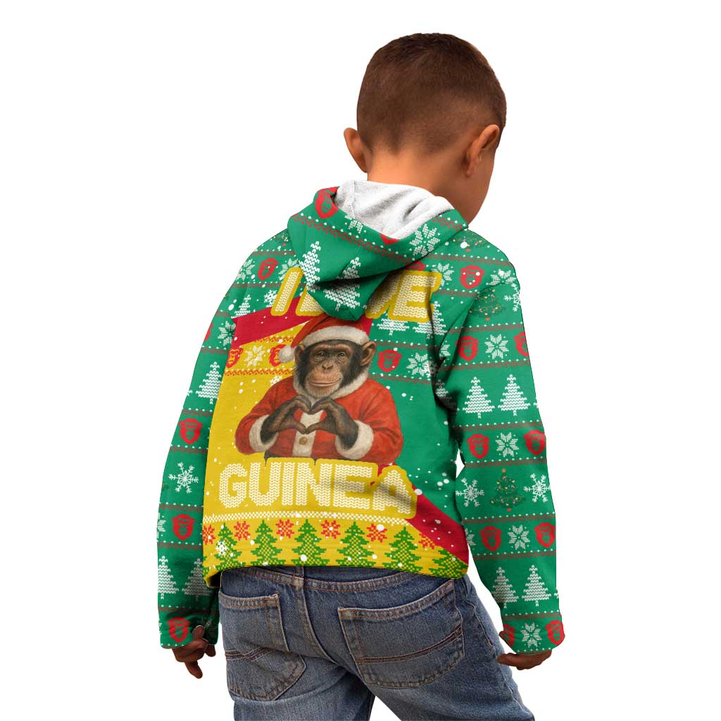 Guinea Christmas Kid Hoodie with Santa Chimpanzee Heart Hands and Green Red Snowflake Pattern - Wonder Print Shop
