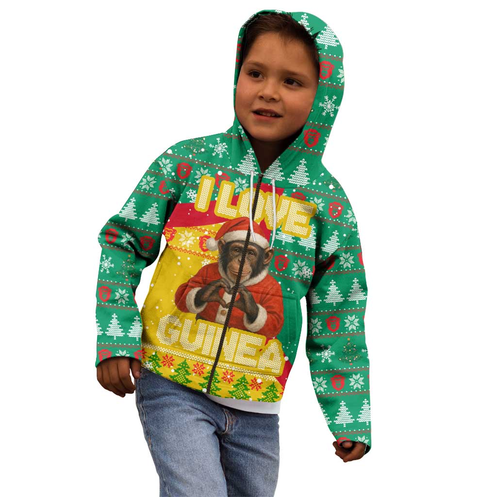 Guinea Christmas Kid Hoodie with Santa Chimpanzee Heart Hands and Green Red Snowflake Pattern - Wonder Print Shop
