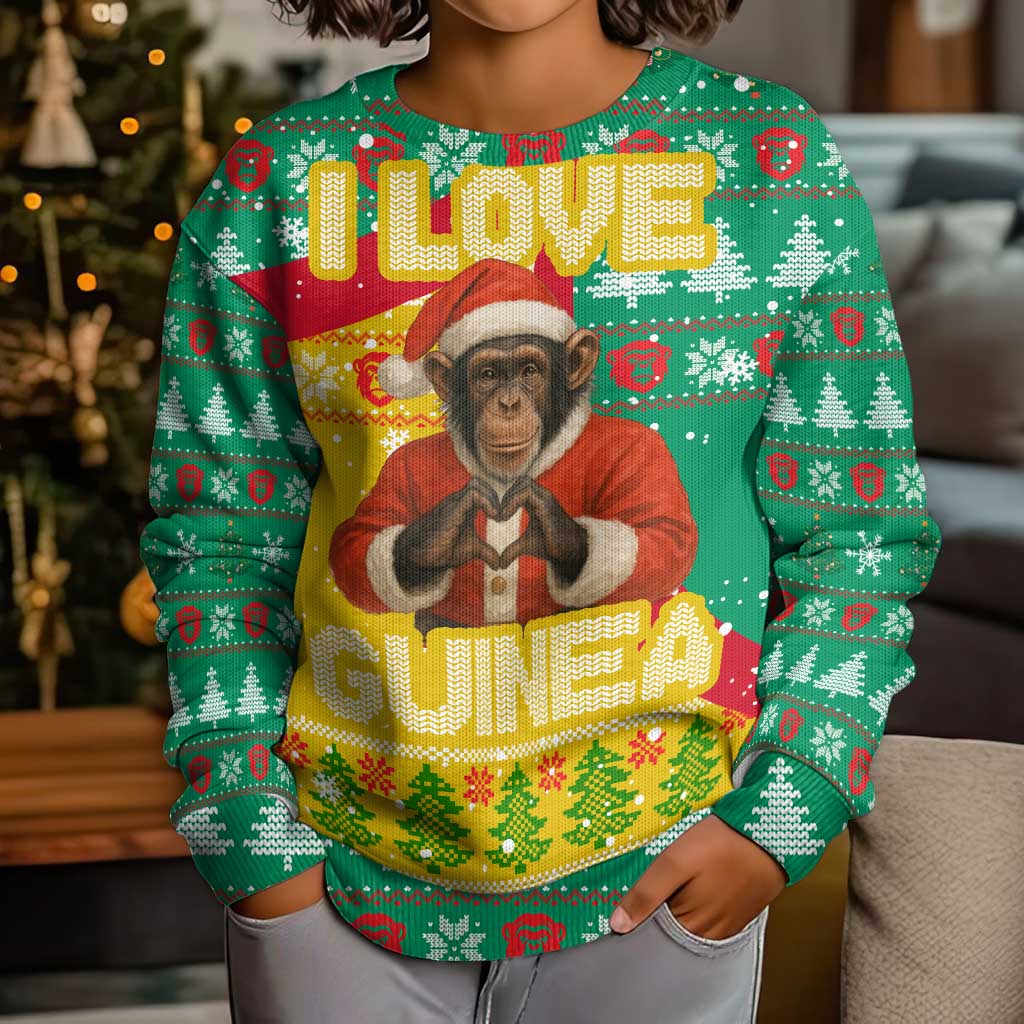 Guinea Christmas Kid Ugly Christmas Sweater with Santa Chimpanzee Heart Hands and Green Red Snowflake Pattern - Wonder Print Shop