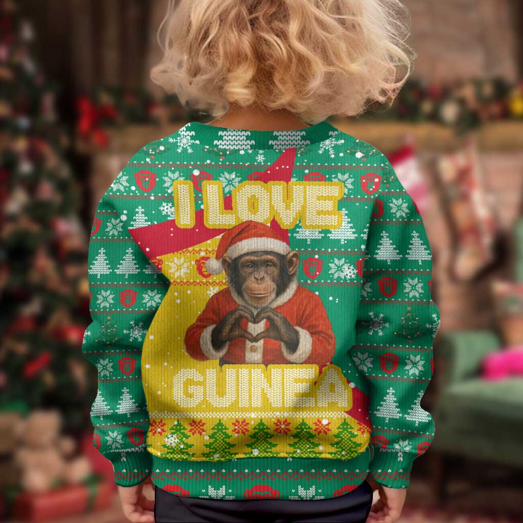Guinea Christmas Kid Ugly Christmas Sweater with Santa Chimpanzee Heart Hands and Green Red Snowflake Pattern - Wonder Print Shop