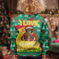 Guinea Christmas Kid Ugly Christmas Sweater with Santa Chimpanzee Heart Hands and Green Red Snowflake Pattern - Wonder Print Shop