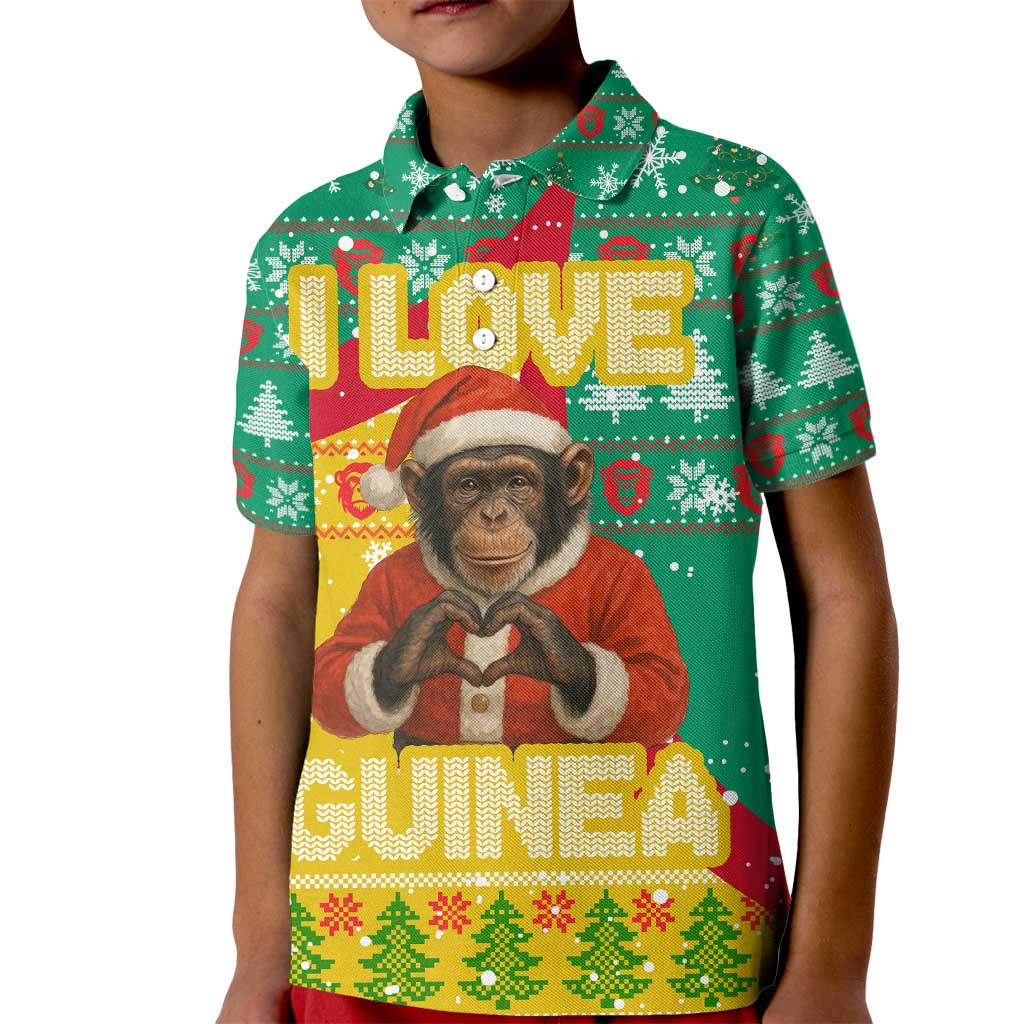 Guinea Christmas Kid Polo Shirt with Santa Chimpanzee Heart Hands and Green Red Snowflake Pattern - Wonder Print Shop