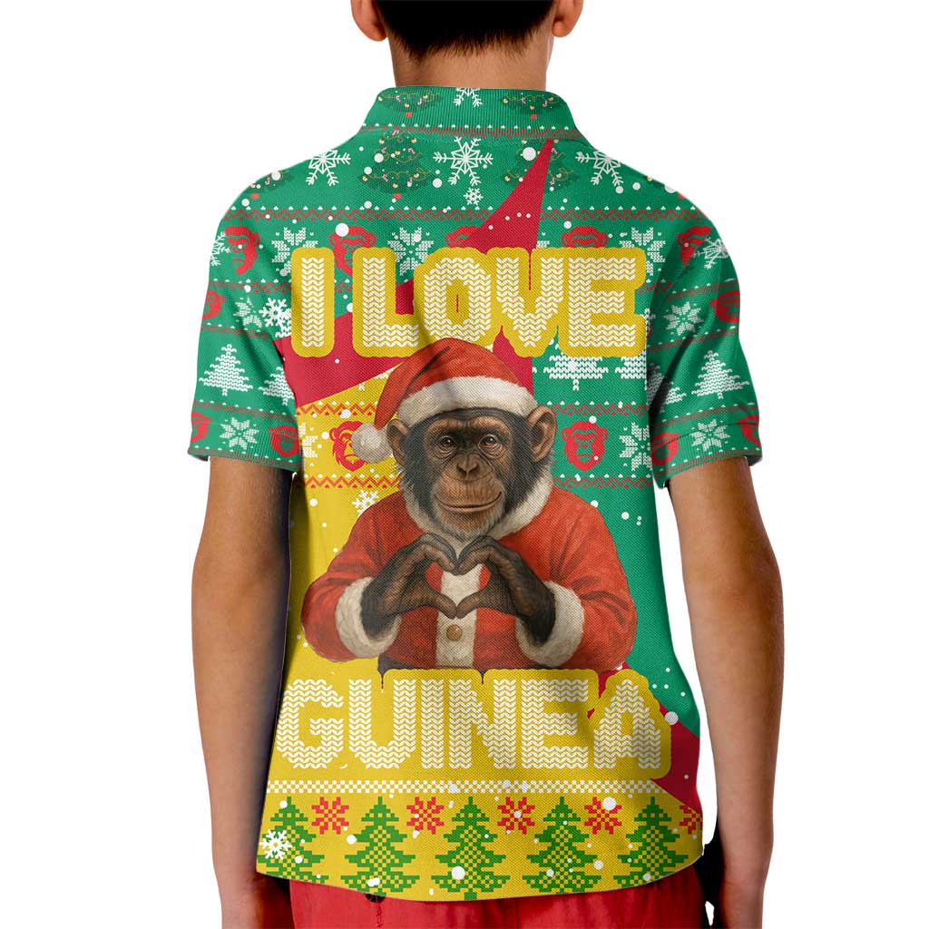 Guinea Christmas Kid Polo Shirt with Santa Chimpanzee Heart Hands and Green Red Snowflake Pattern - Wonder Print Shop
