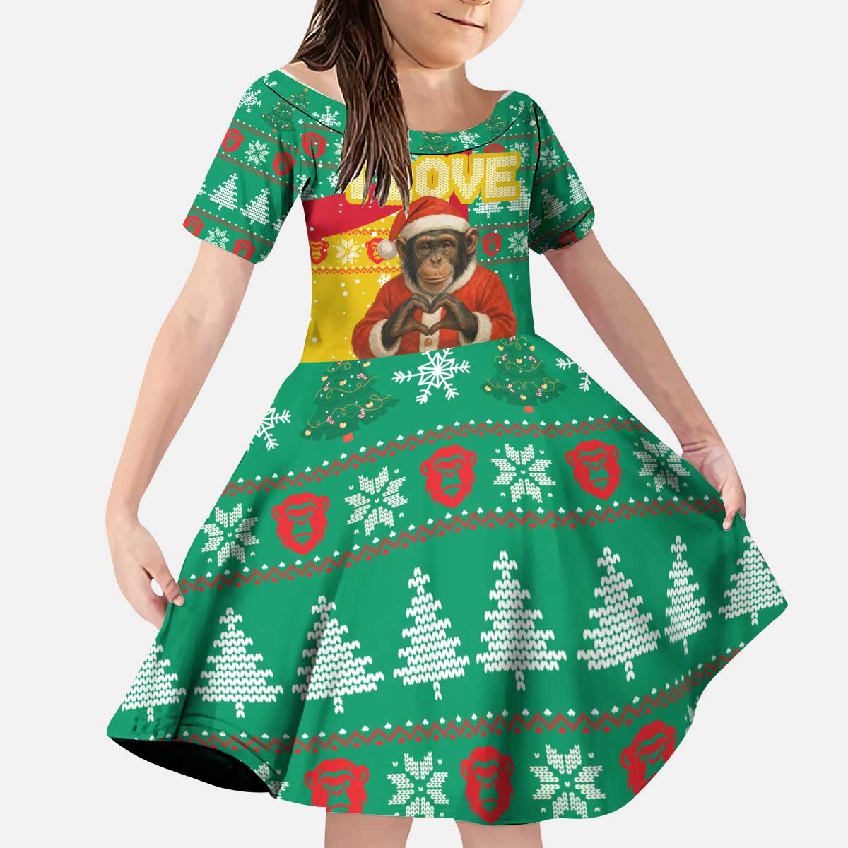 Guinea Christmas Kid Short Sleeve Dress with Santa Chimpanzee Heart Hands and Green Red Snowflake Pattern - Wonder Print Shop