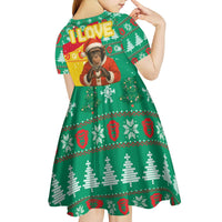 Guinea Christmas Kid Short Sleeve Dress with Santa Chimpanzee Heart Hands and Green Red Snowflake Pattern - Wonder Print Shop
