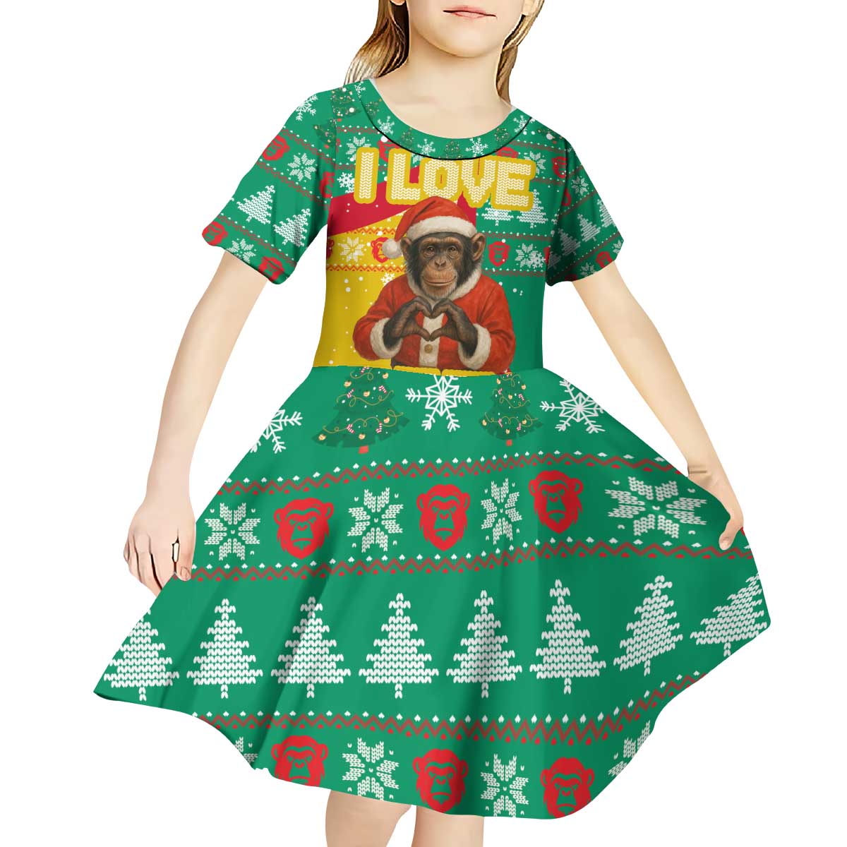 Guinea Christmas Kid Short Sleeve Dress with Santa Chimpanzee Heart Hands and Green Red Snowflake Pattern - Wonder Print Shop