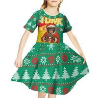 Guinea Christmas Kid Short Sleeve Dress with Santa Chimpanzee Heart Hands and Green Red Snowflake Pattern - Wonder Print Shop