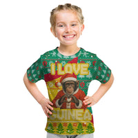 Guinea Christmas Kid T Shirt with Santa Chimpanzee Heart Hands and Green Red Snowflake Pattern - Wonder Print Shop