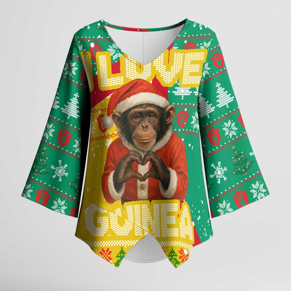 Guinea Christmas Kimono Sleeve Blouse with Santa Chimpanzee Heart Hands and Green Red Snowflake Pattern - Wonder Print Shop