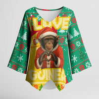 Guinea Christmas Kimono Sleeve Blouse with Santa Chimpanzee Heart Hands and Green Red Snowflake Pattern - Wonder Print Shop
