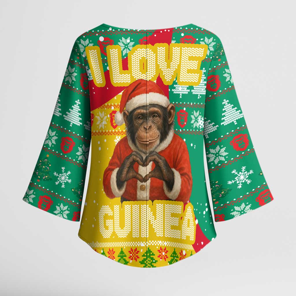 Guinea Christmas Kimono Sleeve Blouse with Santa Chimpanzee Heart Hands and Green Red Snowflake Pattern - Wonder Print Shop