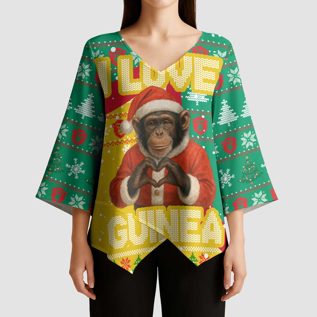 Guinea Christmas Kimono Sleeve Blouse with Santa Chimpanzee Heart Hands and Green Red Snowflake Pattern - Wonder Print Shop