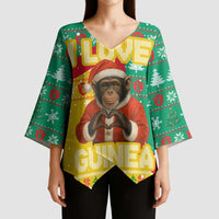 Guinea Christmas Kimono Sleeve Blouse with Santa Chimpanzee Heart Hands and Green Red Snowflake Pattern - Wonder Print Shop