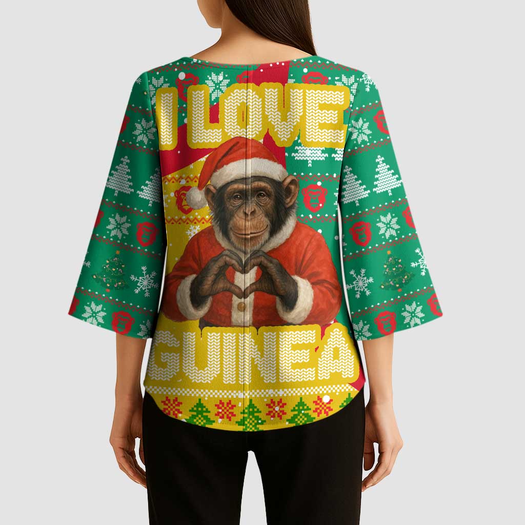 Guinea Christmas Kimono Sleeve Blouse with Santa Chimpanzee Heart Hands and Green Red Snowflake Pattern - Wonder Print Shop